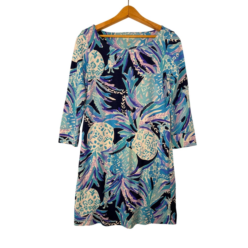 Lilly Pulitzer Blue Purple Pineapple Cotton 3/4 Sleeve Dress Small Preppy Travel